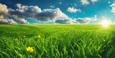 Fresh Springtime Lawn Under Sunny Sky - 756326658