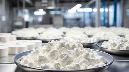 factory, cottage cheese production, conveyor. Bowl with cottage cheese close-up. - obrazy, fototapety, plakaty