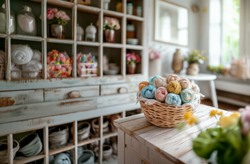 Obraz na płótnie Canvas A basket of yarn on a wooden table in a room with hardwood floors, a picture frame on the wall, and shelves for storage