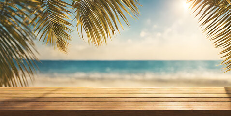 Empty Wooden Table with Sunny Sea - 756327016