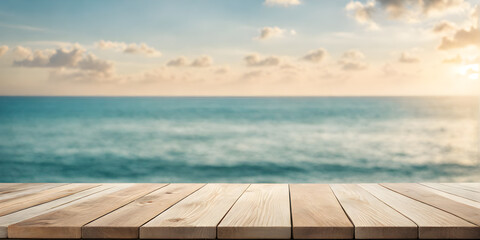 Empty Wooden Table with Sunny Sea - 756327023