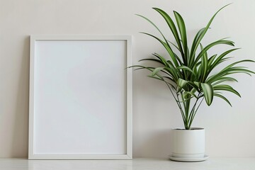 a plant in a pot next to a white frame