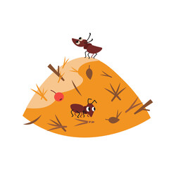 Cute flat cartoon colored anthill with ants. Vector Insects and forest. Isolated illustration on white background for design. 