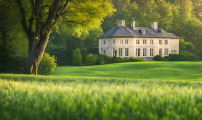 Green grass in the foreground of a wide meadow, country house in the background - 756327203