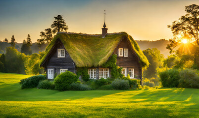 Green grass in the foreground of a wide meadow, country house in the background - 756327213