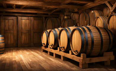 Rustic wooden storage with wine barrels - 756327229