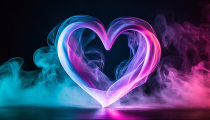 Abstract heart-shape with smoke and neon glowing. Futuristic fog dark. Love, Valentine's Day, romantic