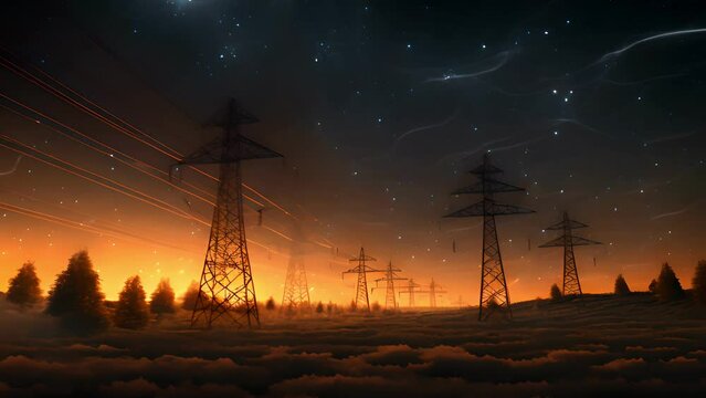 Electricity transmission towers with orange glowing wires the starry night sky. Energy infrastructure concept, energy, electricity, voltage, supply