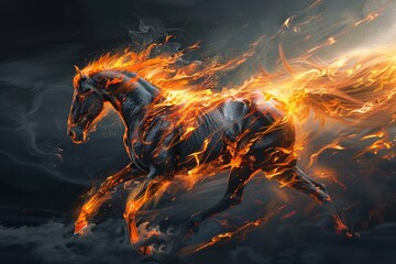 a horse with fire coming out of its tail - obrazy, fototapety, plakaty
