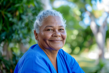 Woman in blue scrubs smiles at camera.