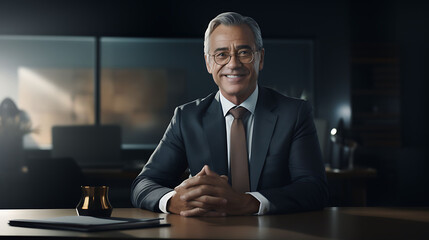 With a magnetic presence, the seasoned businessman consultant meets the camera's lens with a smile that speaks of accomplishment and expertise, framed by lighting that accentuates