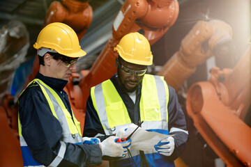 two professional engineer,worker,technician use clipboard discuss work, walk in steel metal manufacture factory plant industry. Black African American man and woman wear hard hat check quality machine - obrazy, fototapety, plakaty