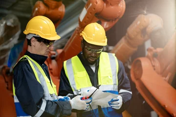 Poster two professional engineer,worker,technician use clipboard discuss work, walk in steel metal manufacture factory plant industry. Black African American man and woman wear hard hat check quality machine © Montri