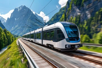A high-speed train dashes through a lush green valley bordered by dramatic mountain peaks, exemplifying efficient modern travel. - obrazy, fototapety, plakaty
