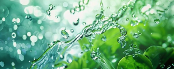 Vibrant close-up of water droplets in mid-air, showcasing the dynamic interaction between water and light against a green background.