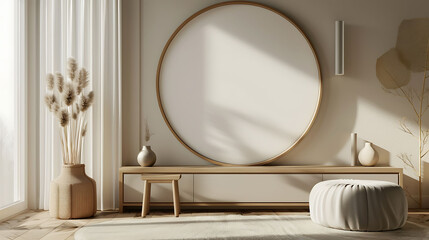 Round shape mockup photo frame resin border, on chest drawer in modern living room, 3d render