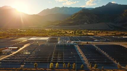 The sun sets behind a vast field of solar panels with a majestic mountain range in the distance, highlighting renewable energy's rise. - obrazy, fototapety, plakaty