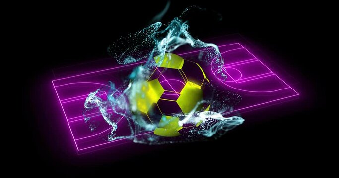 Animation of neon stadium and football on black background