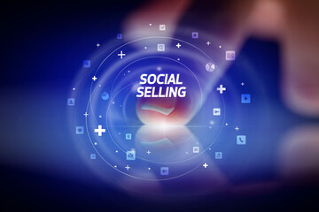 Obraz premium Finger touching tablet with social media icons concept