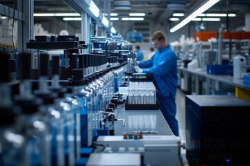 Fototapeta premium A focused technician in blue lab gear oversees an automated production line in a pharmaceutical manufacturing plant.