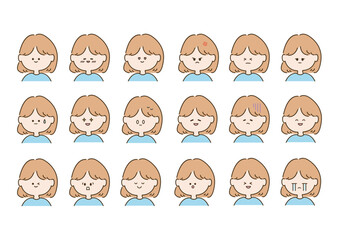 ショートカットの女性　色々な表情　可愛い　イラスト