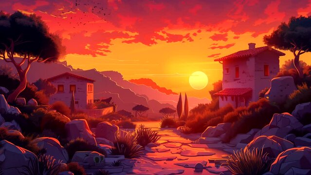 House in desert with sunset view. seamless looping 4k time-lapse animation video background