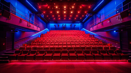 A large theater with red seats and blue lights