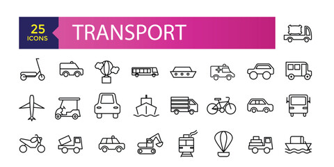 Simple Set of Transport Related Vector Line Icons. Contains such Icons as Taxi, Train, Tram and more. Traffic vector line icons set.
