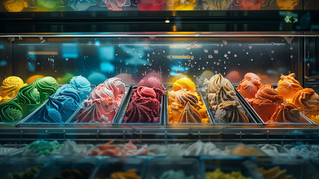 Tempting colorful ice cream is neatly arranged in the ice cream shop window. Various choices of flavors and colors look tempting, Ai generated Images