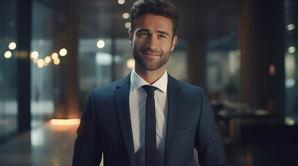 Radiating success and confidence, a seasoned businessman consultant meets the camera's lens with a gaze that commands attention, his smile conveying warmth and accomplishment