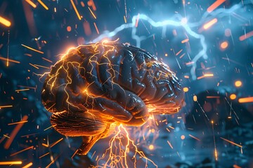 a brain with lightning coming out of it - obrazy, fototapety, plakaty