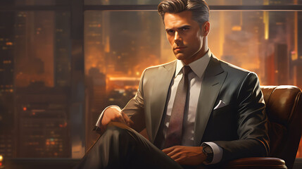 In stunning detail, a seasoned businessman consultant's portrait radiates success and authority, his gaze commanding attention as he exudes confidence against a backdrop of polished sophistication - obrazy, fototapety, plakaty