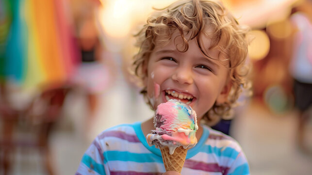 A little European boy with a cheerful smile holds an ice cream in his little hands. The expression on his face was full of joy and cheerfulness while enjoying his favorite ice cream. Ai generated Imag