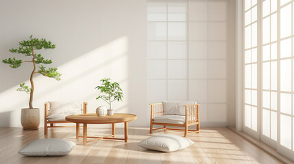 Living room of a traditional Japanese house with an elegant minimalist design. This living room is filled with a little furniture, such as a low table (chabudai) and chairs without backs (zabuton) - Powered by Adobe