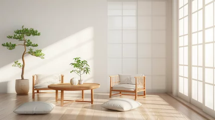 Poster Living room of a traditional Japanese house with an elegant minimalist design. This living room is filled with a little furniture, such as a low table (chabudai) and chairs without backs (zabuton) © mohammad