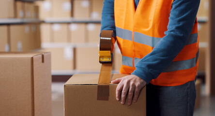 Warehouse packer sealing a delivery box