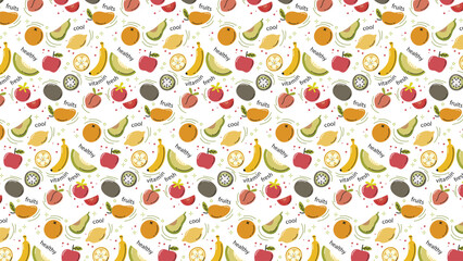 Fruits Seamless Pattern Vectors banana, melon, apple, watermelon, avocado, grapes, lychee vector illustration