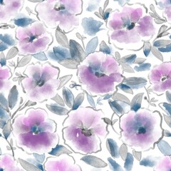Floral seamless pattern. Watercolor summer print with petunia flowers. Digital illustration for textile, fabric print, packaging. Purple, blue, gray blossoms with outline. Ink wash leaves and stems. - 756330299