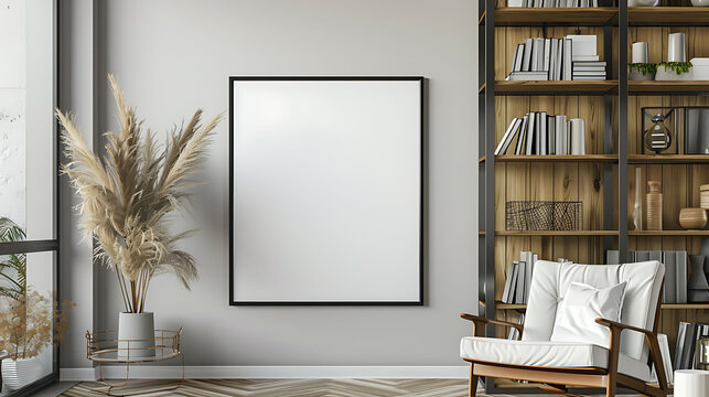 Square shape mockup photo frame glass border, on bookcase in modern living room, 3d render