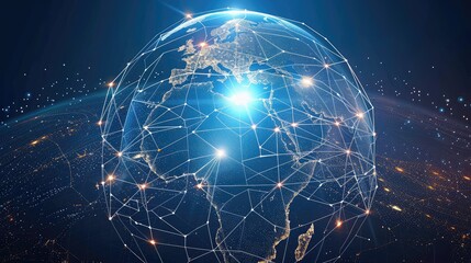 Concept of global network and connectivity on Earth, centered on Africa. Data transfer and cyber technology, information exchange and international telecommunication.