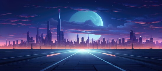 A road leading through the darkness to a futuristic city under a midnight sky with a full moon, casting an electric blue hue over the world below
