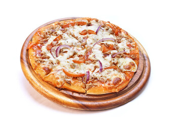 Pizza on a wooden platter. White background