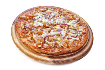 Pizza on a light wooden platter. 45 degree side view. White background - 756330870