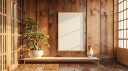 Mockup of an empty poster frame hanging in the living room of a traditional Japanese house. This living room is decorated with traditional elements such as shoji, tatami and bonsai