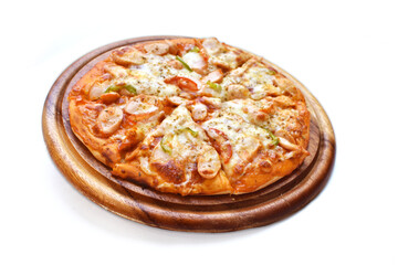 Pizza Sausage on a wooden platter. White background