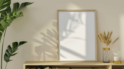 Square shape mockup photo frame glass border, on book shelf in modern living room, 3d render