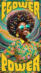 A dancing African American young woman with an Afro hair style, sunglasses, large earrings, 70's style flowery shirt and nightclub psychedelic patterns in the background.