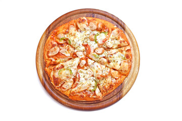 Topview Pizza Sausage on a wooden platter. White background