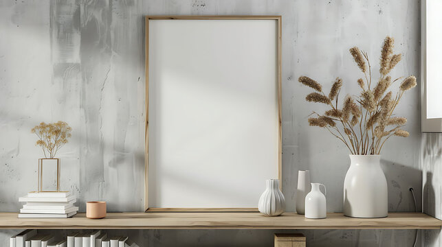 Square shape mockup photo frame wooden border, on book shelf in modern living room, 3d render