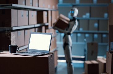 Humanoid AI robot working in the warehouse